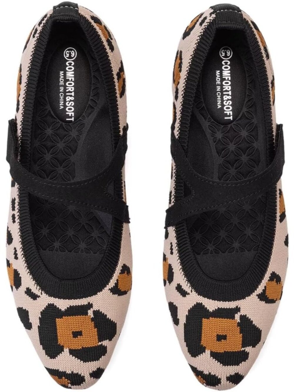 Women's Leopard Knitted Mary Jane Square Toe Comfortable Ballet Flat Shoes